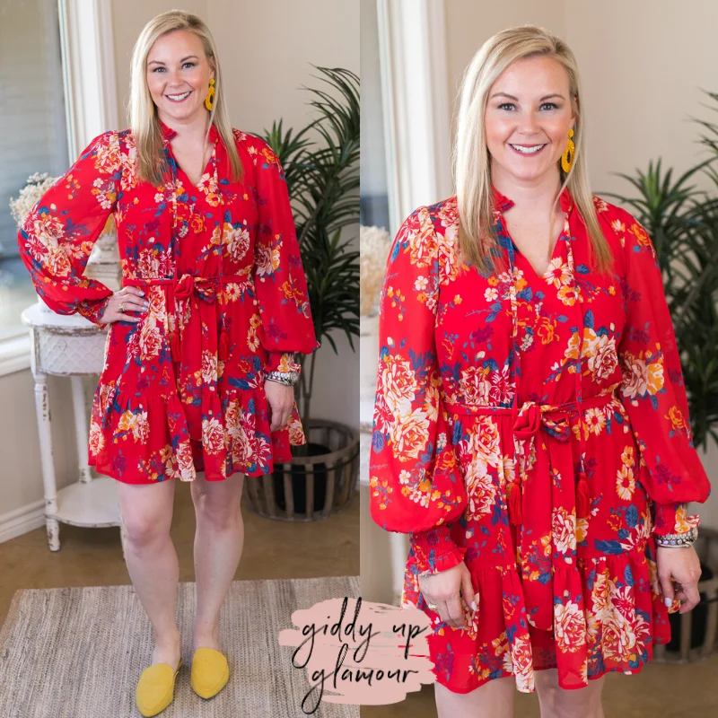 Women's mini dress flow chic -Last Chance Size Small | Blooming With Love Floral Long Sleeve Mini Dress with High Neck in Red