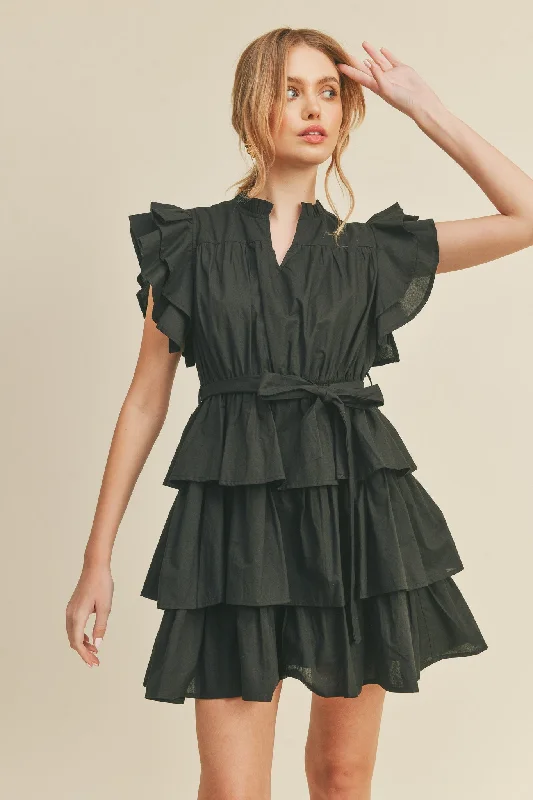 Women's mini dress sheen pop -Black Ruffle Tiered Mini Dress