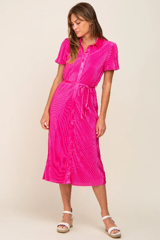 ladies-midi-dress-classic-chic-Fuchsia Pleated Button-Down Collared Midi Dress