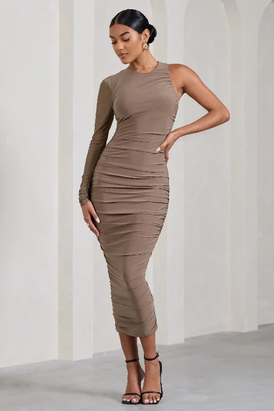 Women's bodycon dress thigh chic -Luciene | Mocha Ruched Asymmetric Bodycon Midi Dress With Sheer Sleeve