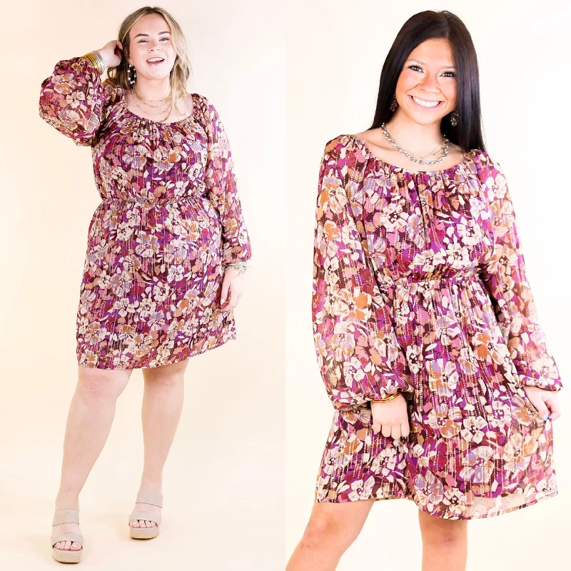 ladies-floral-dress-playful-pansy-Daybreak Dreamer Floral Dress with Gold Detail in Magenta