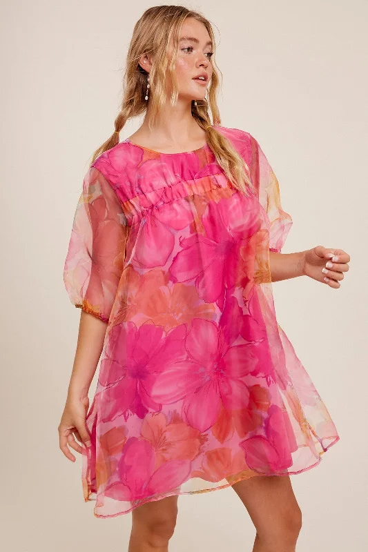 ladies-floral-dress-swingy-sprig-Pink Floral Print Puff Sleeve Babydoll Dress