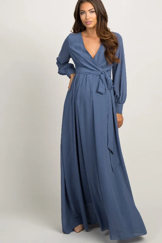 ladies-maxi-dress-petite-petal-Blue Chiffon Long Sleeve Pleated Maternity Maxi Dress