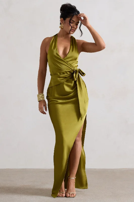 ladies-maxi-dress-solid-sophistication-Santorini | Olive Satin Plunge-Neck Wrap Maxi Dress