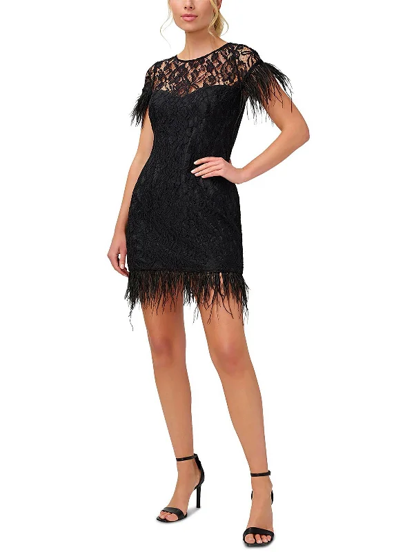 Women's party dress one shoulder -Womens Feather Trim Mini Cocktail and Party Dress