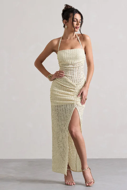 ladies-maxi-dress-sequin-sparkle-Amalfi | Ecru Textured Sheer Halter-Neck Maxi Dress