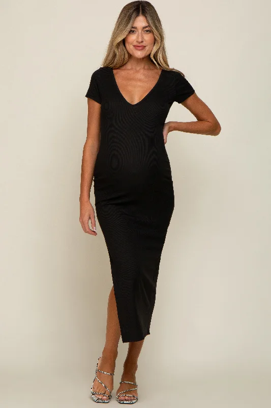 ladies-midi-dress-soft-symphony-Black Basic Ribbed Side Slit Maternity Midi Dress