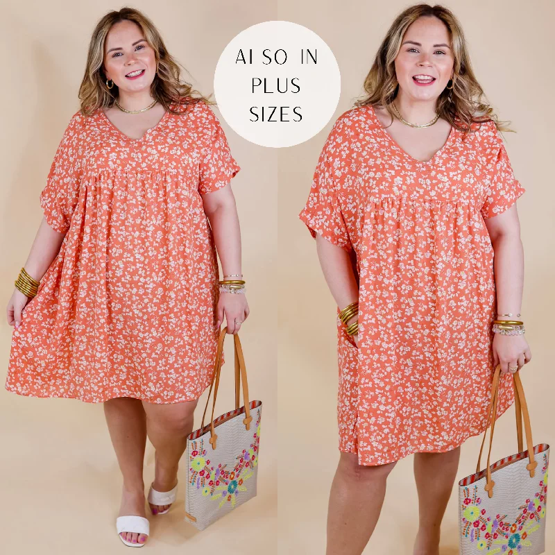 ladies-floral-dress-scoop-sage-Beauty In Blooms Floral Print Babydoll Dress in Coral Orange