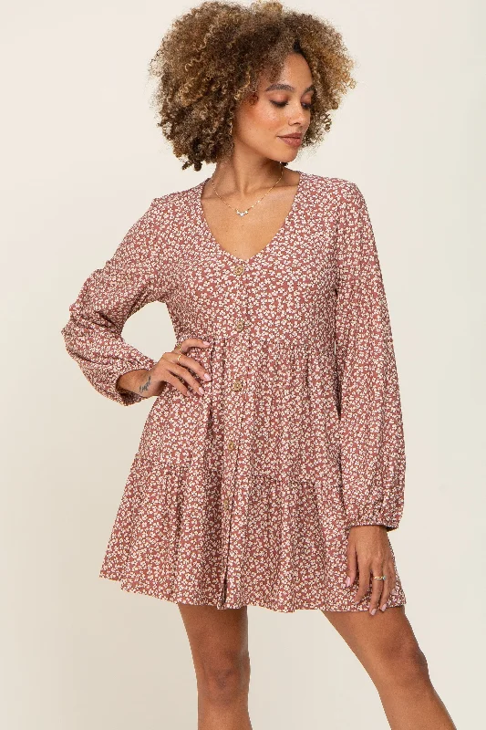 ladies-floral-dress-polka-pansy-Mauve Floral Long Sleeve Tiered Dress