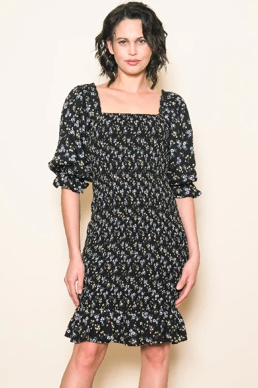 ladies-floral-dress-maternity-magnolia-Black Floral Smocked Puff Sleeve Dress