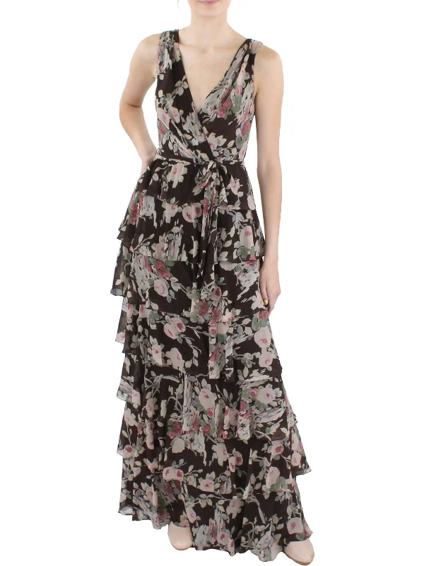 ladies-floral-dress-chartreuse-chic-Womens Floral Tiered Evening Dress