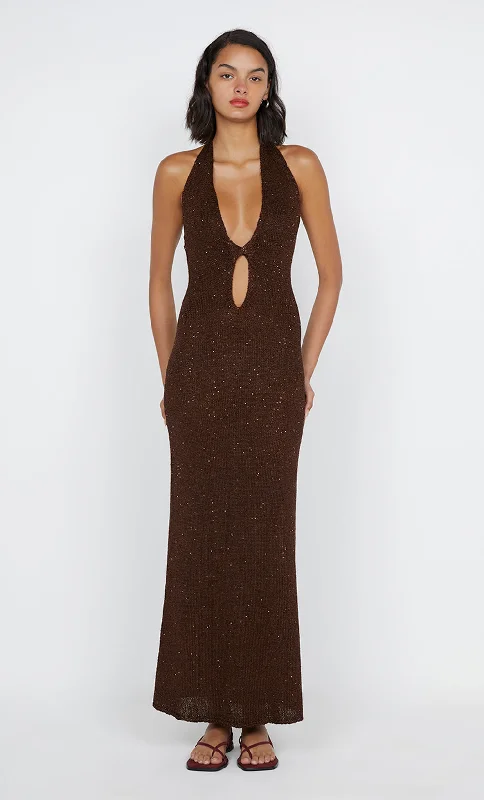 ladies-midi-dress-neon-nifty-DELFINA SEQUIN HALTER MIDI DRESS - CHOCOLATE