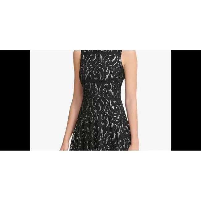 Women's party dress Easter -Tommy Hilfiger Women's Silver Printed Sleeveless Jewel Neck Short Fit + Flare Party Dress Black Size Square 18