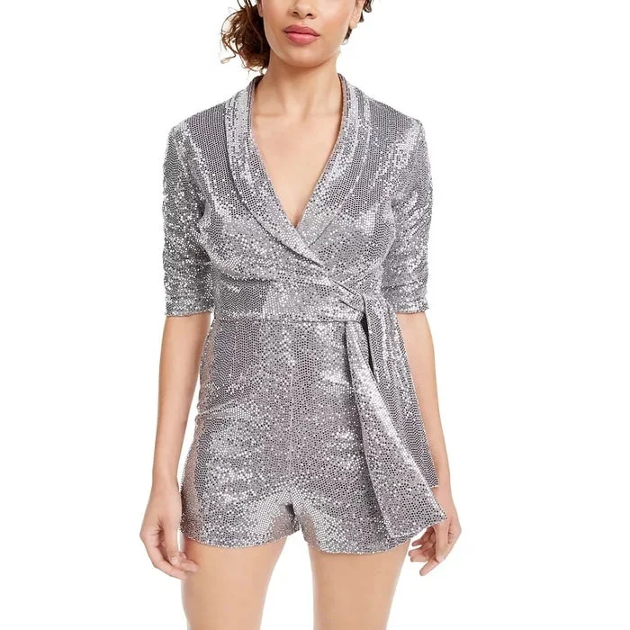 Women's party dress flared sleeve -Crystal Dolls Women's Sequined 3/4 Sleeve V Neck Wrap Party Romper Gray Size X-Small