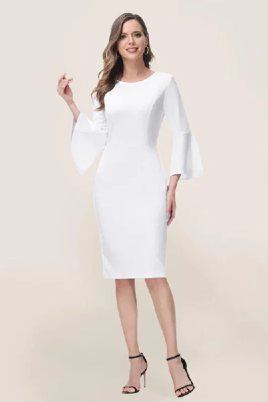 Women's bodycon dress chat pop -Crew Neck Knee Length Bodycon White Dress