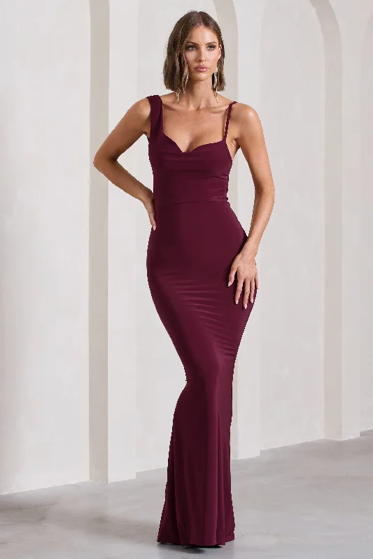 ladies-maxi-dress-stretchy-sway-Phantasy | Burgundy Asymmetric Neckline Cowl Maxi Dress