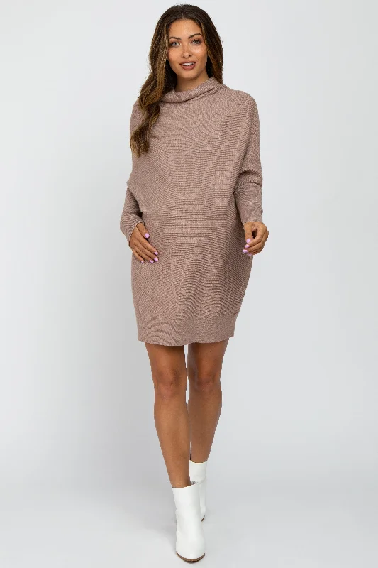 Women's mini dress muse glow -Taupe Funnel Neck Dolman Sleeve Maternity Mini Dress