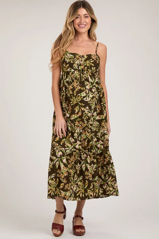 ladies-midi-dress-gold-glow-Brown Floral Sleeveless Front Cinched Maternity Midi Dress