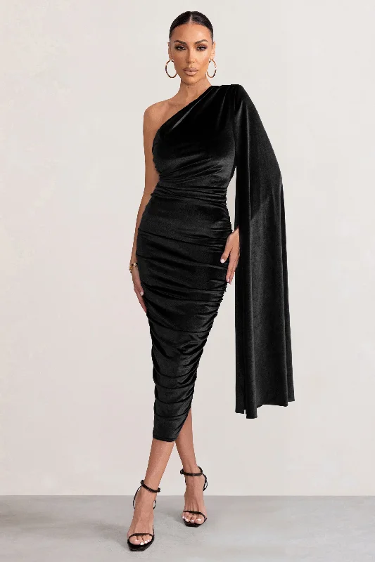 Women's bodycon dress mid flair -Gianna | Black Velvet One Shoulder Cape Bodycon Midi Dress