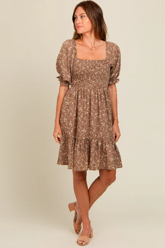 ladies-floral-dress-caramel-charm-Mocha Floral Smocked Puff Sleeve Dress