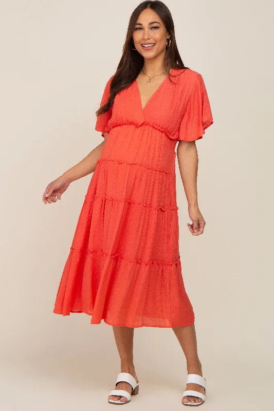 ladies-midi-dress-tall-treasure-Coral Ruffle Tiered V-Neck Maternity Midi Dress