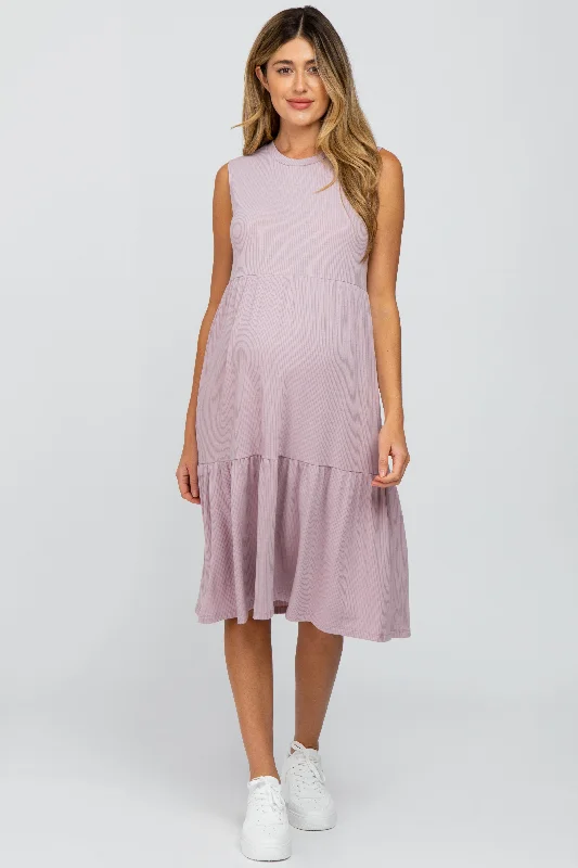 ladies-midi-dress-ochre-opulence-Lavender Ribbed Sleeveless Maternity Midi Dress