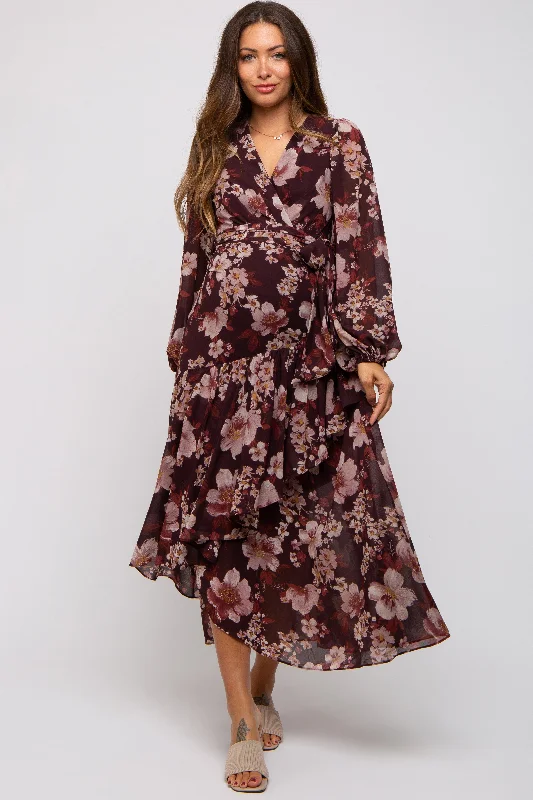 ladies-midi-dress-striped-sleek-Burgundy Floral Chiffon Wrap Front Ruffle Maternity Midi Dress