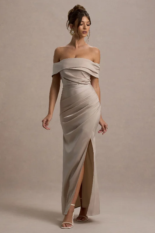 ladies-maxi-dress-lace-luminance-Martine | Champagne Satin Bardot Wrap Maxi Dress