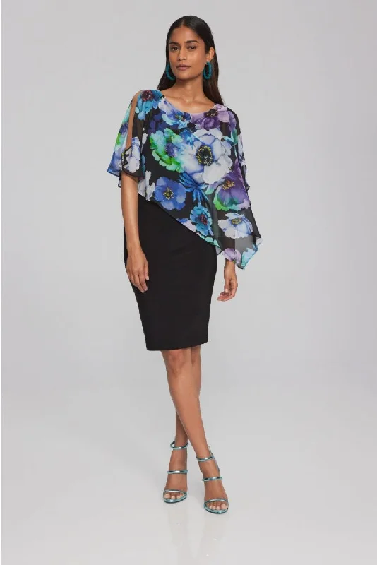 ladies-floral-dress-keyhole-kiss-Joseph Ribkoff Black/Multi Floral Chiffon Overlay Slit Sleeve Sheath Dress 241768