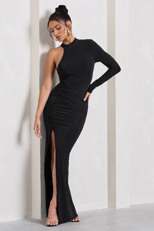 ladies-maxi-dress-comfortable-calm-Alina | Black Ruched High-Neck Asymmetric Split Maxi Dress