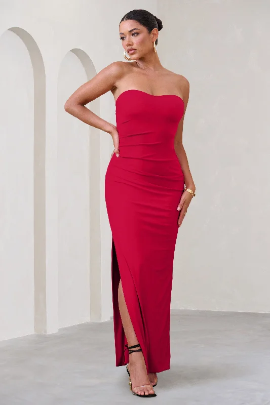 ladies-maxi-dress-tulle-twirl-Manon | Red Sweetheart Bandeau Maxi Dress With Thigh Split