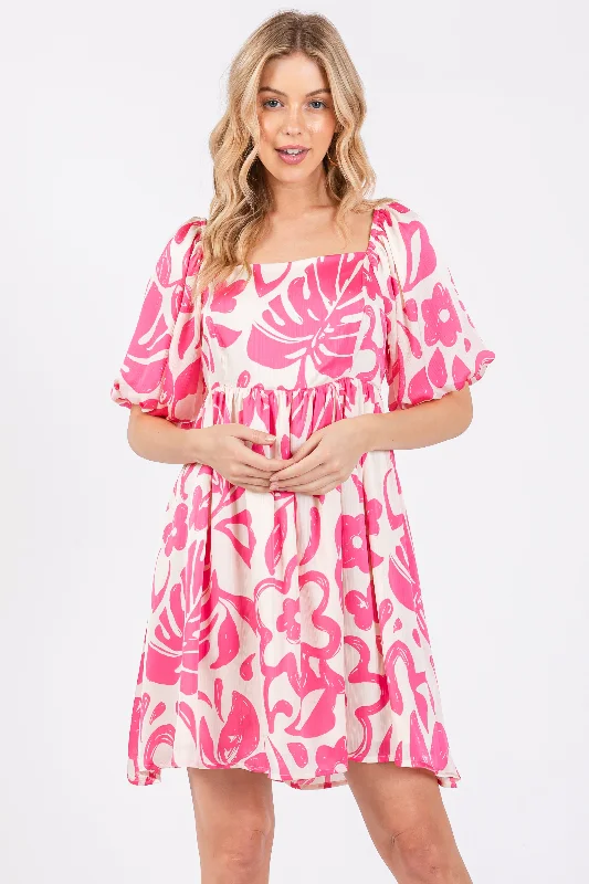 ladies-floral-dress-sky-sprig-Fuchsia Floral Puff Sleeve Dress