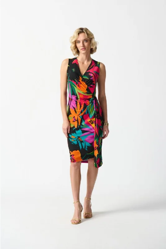 ladies-floral-dress-eco-essence-Joseph Ribkoff Black/Multi Floral Print Faux Wrap Sheath Dress 242012