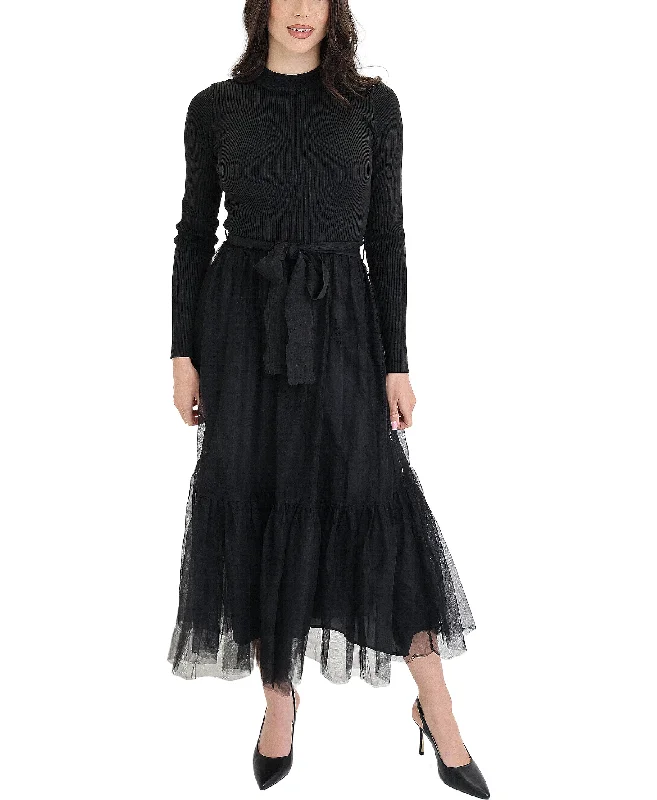 ladies-midi-dress-office-orchid-Knit Ribbed Tulle Midi Dress