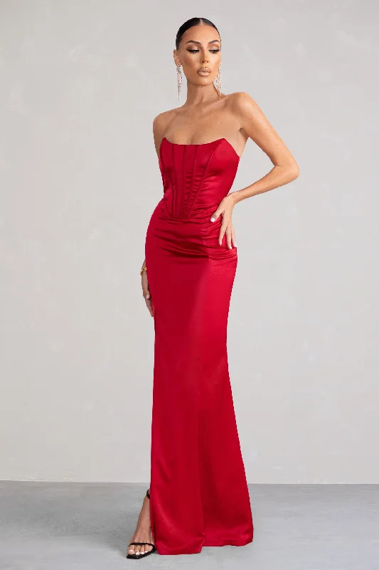 ladies-maxi-dress-bold-breeze-Sensual Notes | Red Satin Strapless Corset Thigh Split Fishtail Maxi Dress