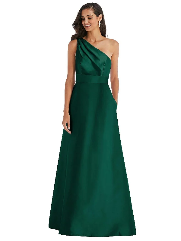 ladies-maxi-dress-draped-dawn-Draped One-Shoulder Satin Maxi Dress with Pockets