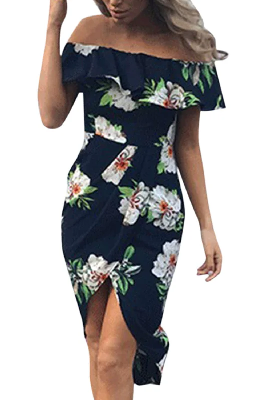 ladies-floral-dress-green-gleam-Iyasson Off-Shoulder Floral Print Front Slit Dress