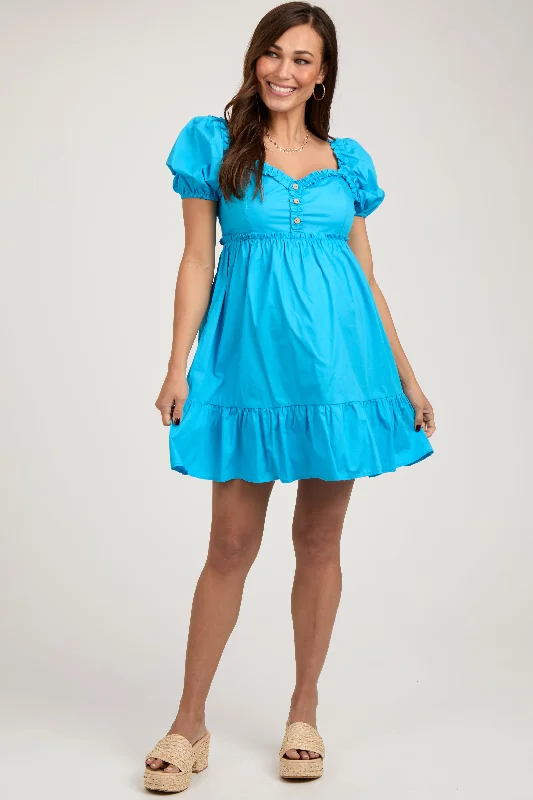 Women's mini dress past glow -Aqua Puff Sleeve Ruffle Accent Maternity Mini Dress