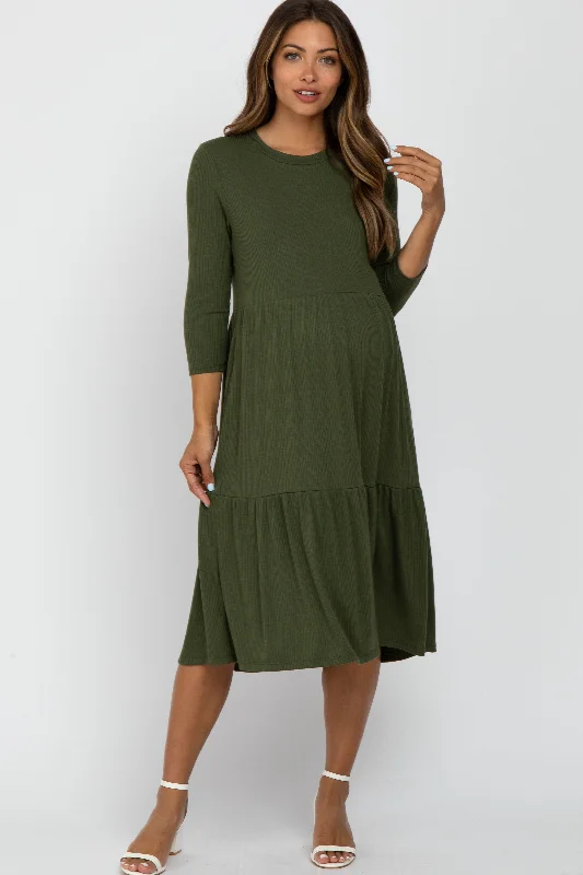 ladies-midi-dress-salmon-sweep-Olive Tiered Ribbed 3/4 Sleeve Maternity Midi Dress