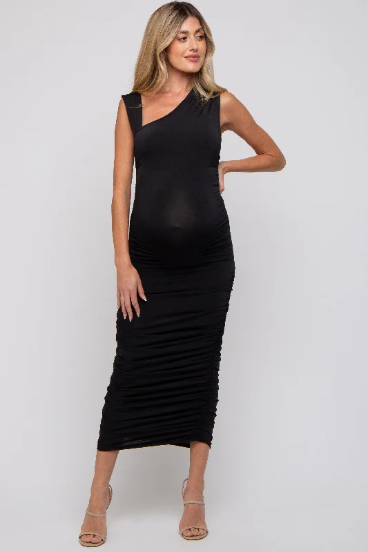 ladies-midi-dress-denim-dream-Black Asymmetrical Ruched Maternity Midi Dress