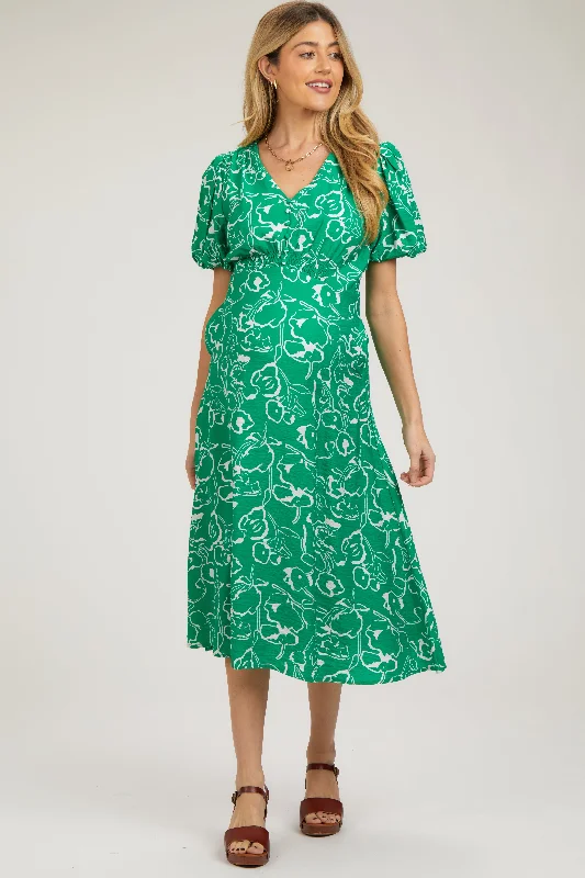 ladies-midi-dress-claret-cascade-Green Floral Button Front Short Sleeve Maternity Midi Dress