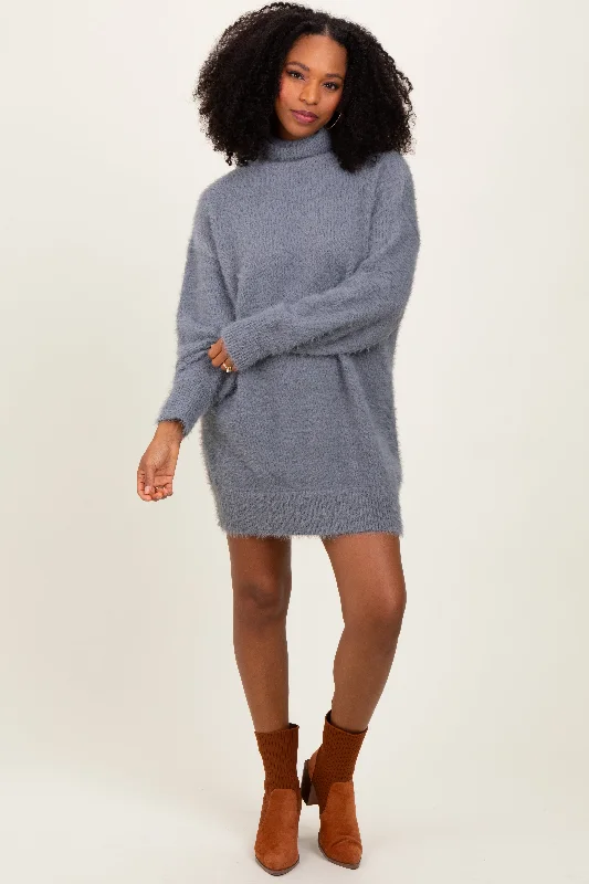 Women's mini dress fog pop -Cream Fuzzy Knit Turtleneck Sweater Mini Dress