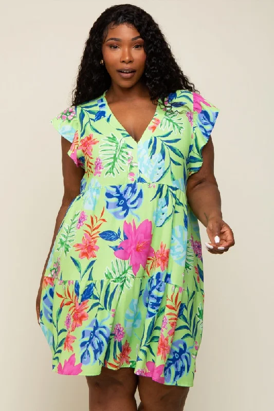 ladies-floral-dress-silver-sweep-Mint Green Tropical Floral Print Plus Dress