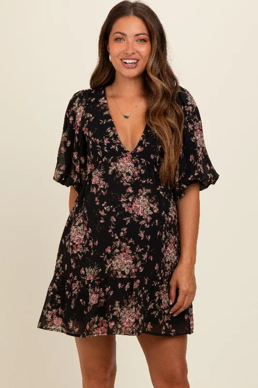 Women's mini dress lone pop -Black Deep V-Neck Tie Back Floral Maternity Mini Dress