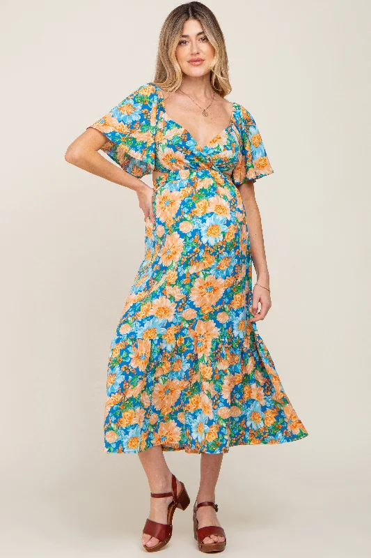 ladies-midi-dress-knee-high-cool-Multi-Color Floral Wrap Front Cutout Back Maternity Midi Dress