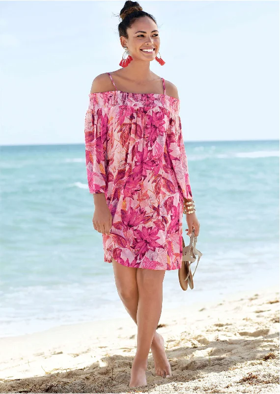 ladies-floral-dress-sporty-sweep-Floral Cold-Shoulder Dress - Pink Multi