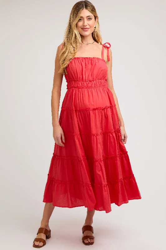 ladies-midi-dress-playful-prance-Red Tiered Tie Strap Maternity Midi Dress