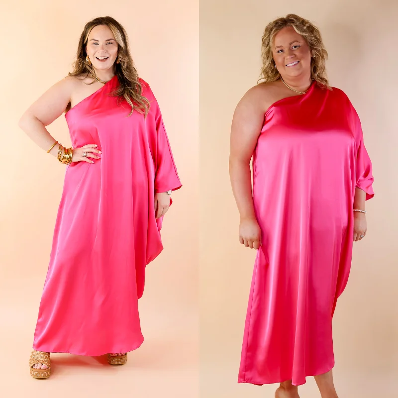 ladies-midi-dress-cotton-crisp-Sweet Romance One Shoulder Satin Drape Midi Dress in Hot Pink