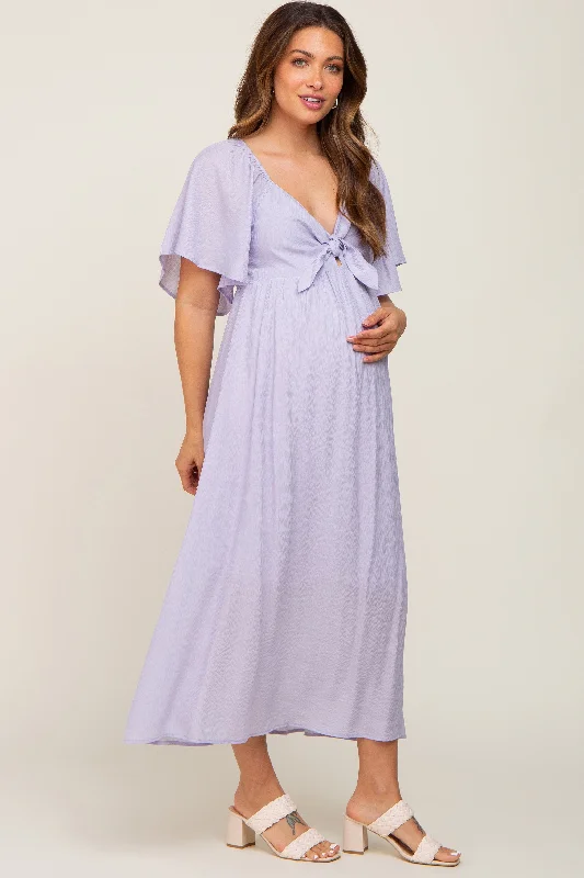 ladies-midi-dress-flirty-flow-Lavender Front Tie Ruffle Sleeve Maternity Midi Dress