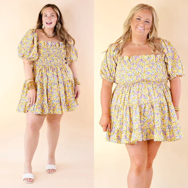 Women's mini dress high flair -BuddyLove | Spencer Puff Sleeve Mini Dress in Sunny Hunny (Yellow)